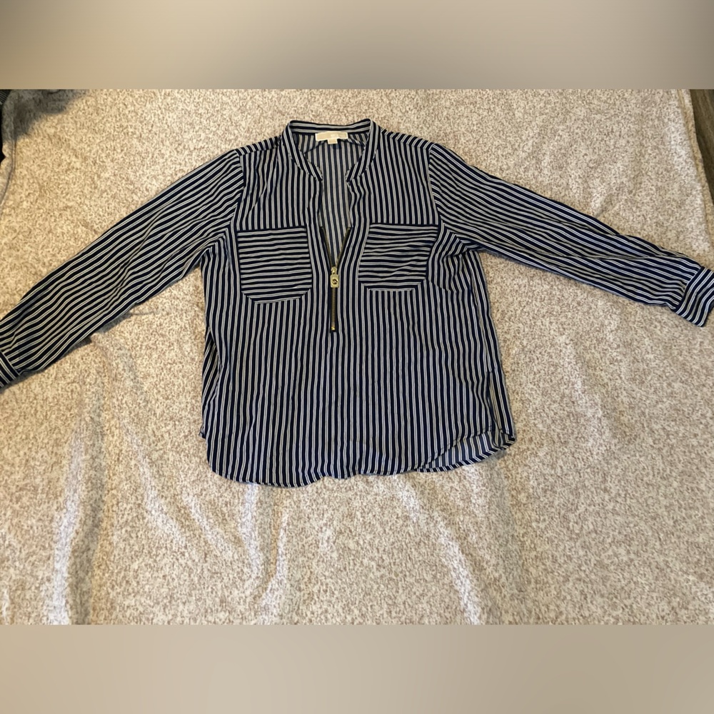 Michael Kors dress top, 3qtr gold zipper, vertical navy & white stripes, size L